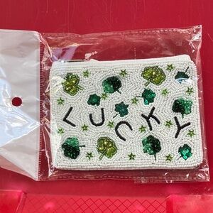 White Beaded 'Lucky' Pouch with Green Accents NWT